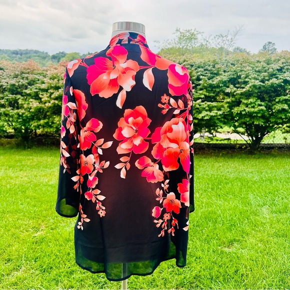 Susan Graver Kimono Black Chiffon Open Front Floral Print - Picture 13 of 16